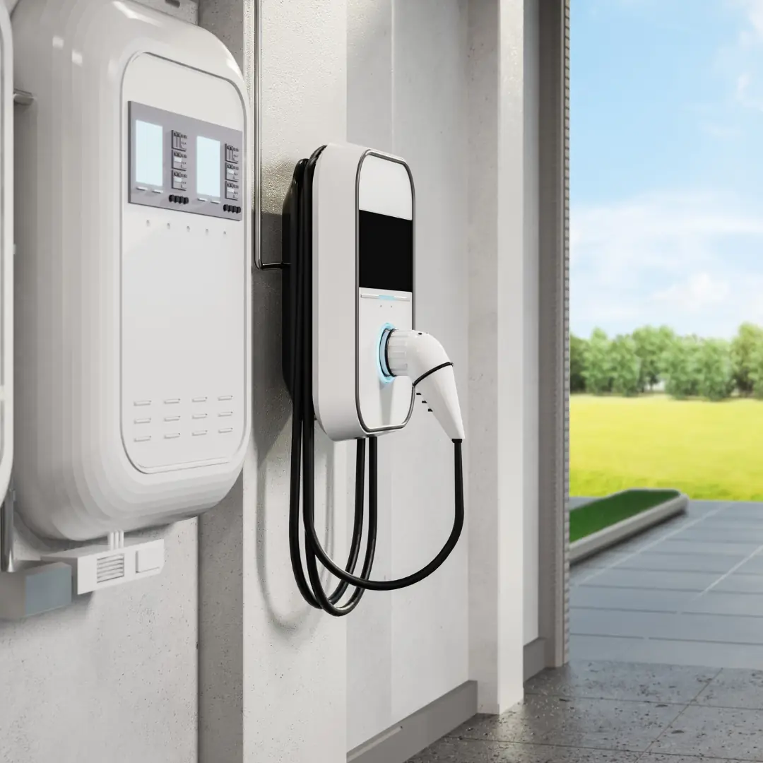 Wallbox mit Ladekabel an einer Garagenwand